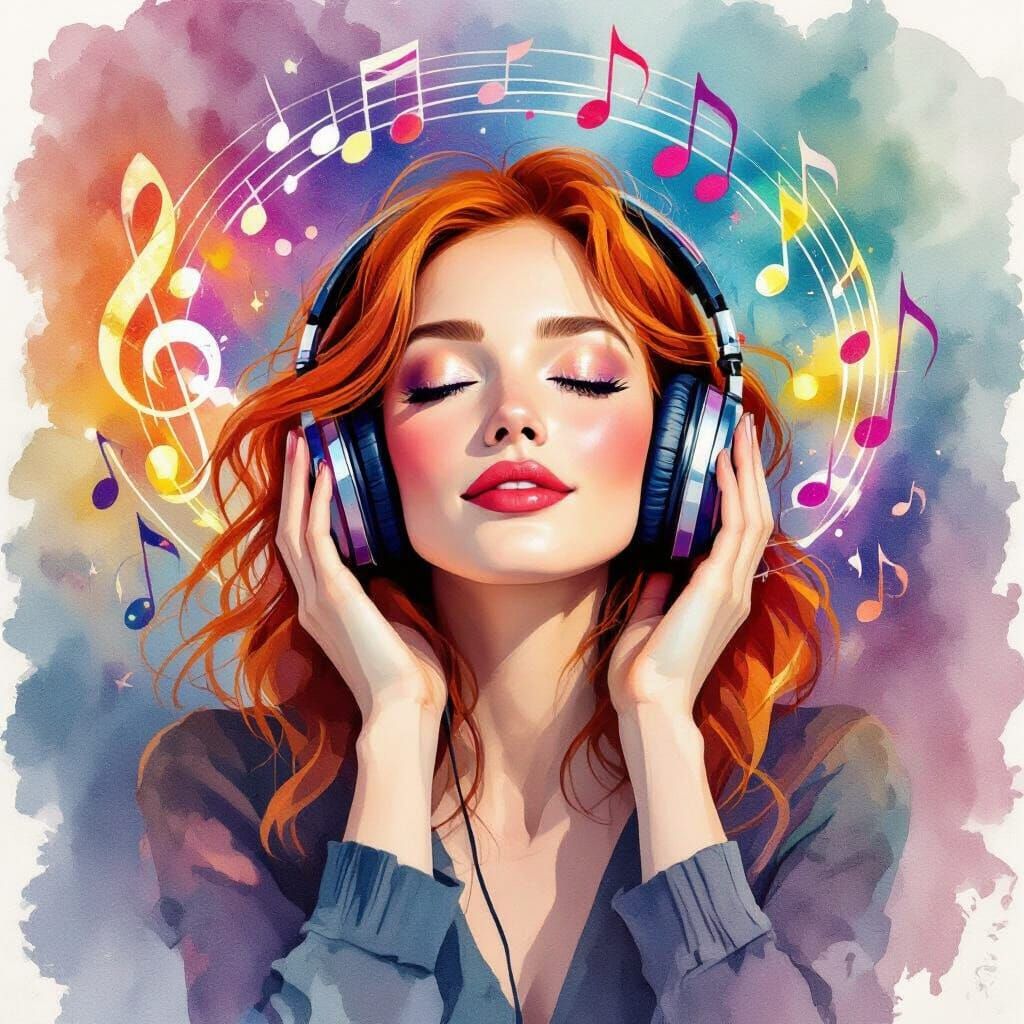 Watercolor Portrait of Red-Haired Woman Enjoying Music