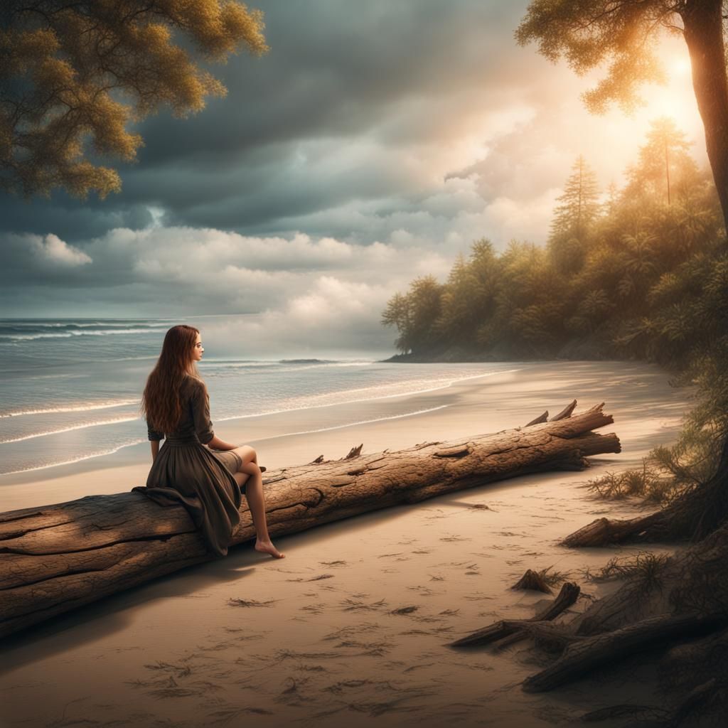Beautiful Beach Scene with Woman, Digital Matte Painting