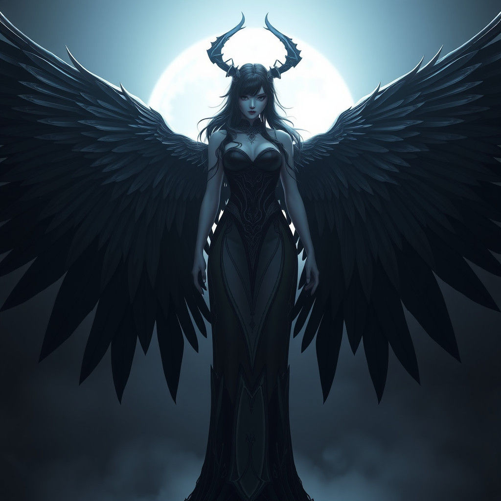 Goddess Nyx with Black Angel Wings in 3D Anime Art