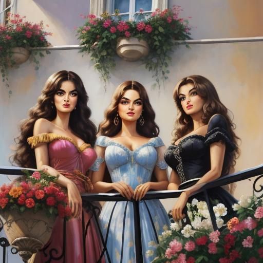 Realistic Portrait of Three Women on Balcony