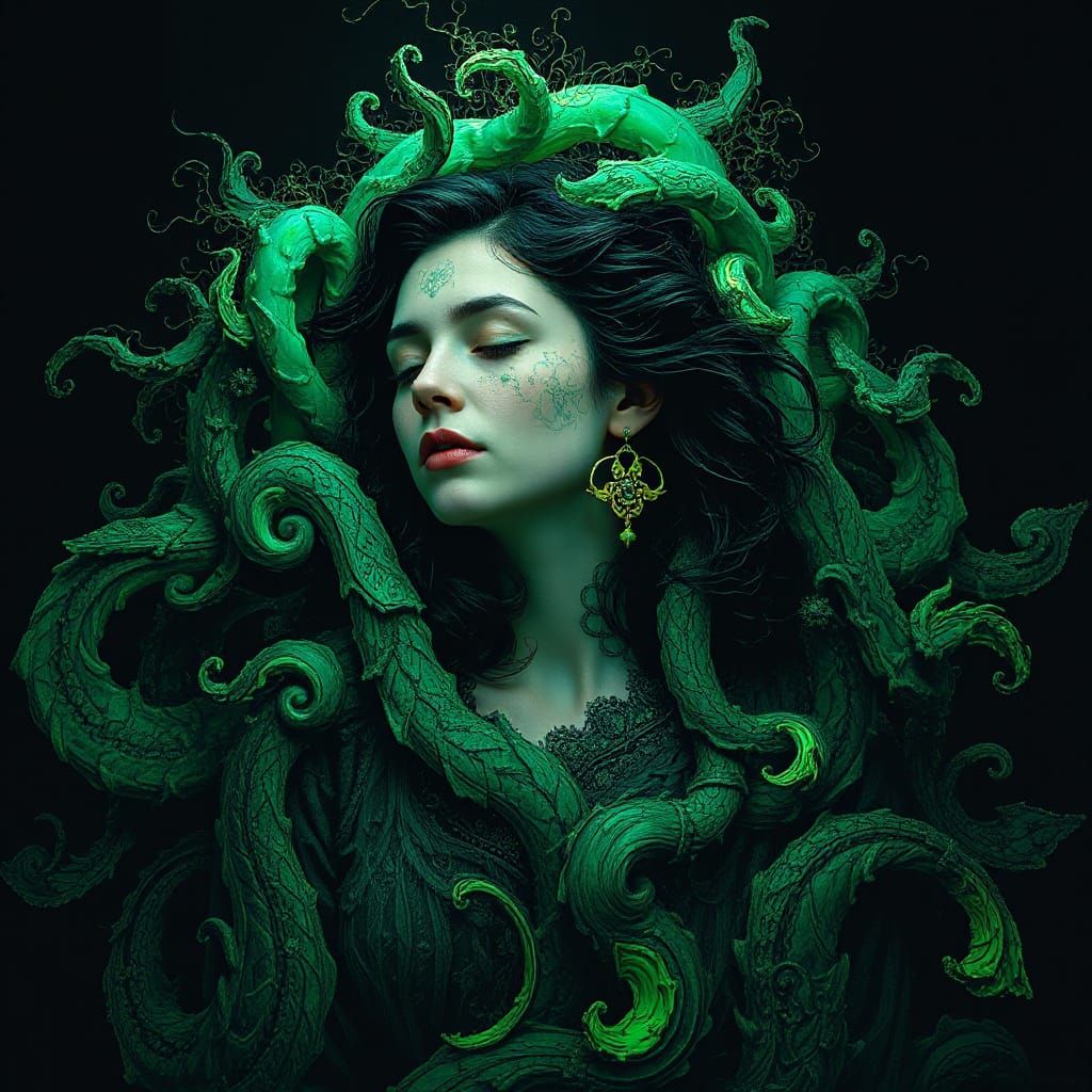 Woman Bearing World in Dreamlike Noir Scene