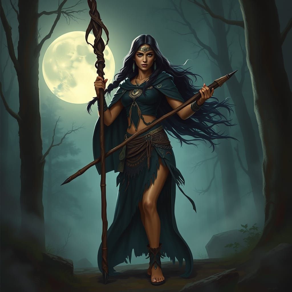 Dark Fantasy Pocahontas with Staff in Mystical Forest
