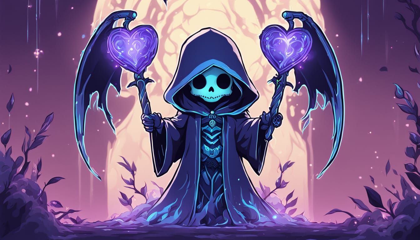 Cute Chibi Reaper Holding Glowing Heart in Anime Style