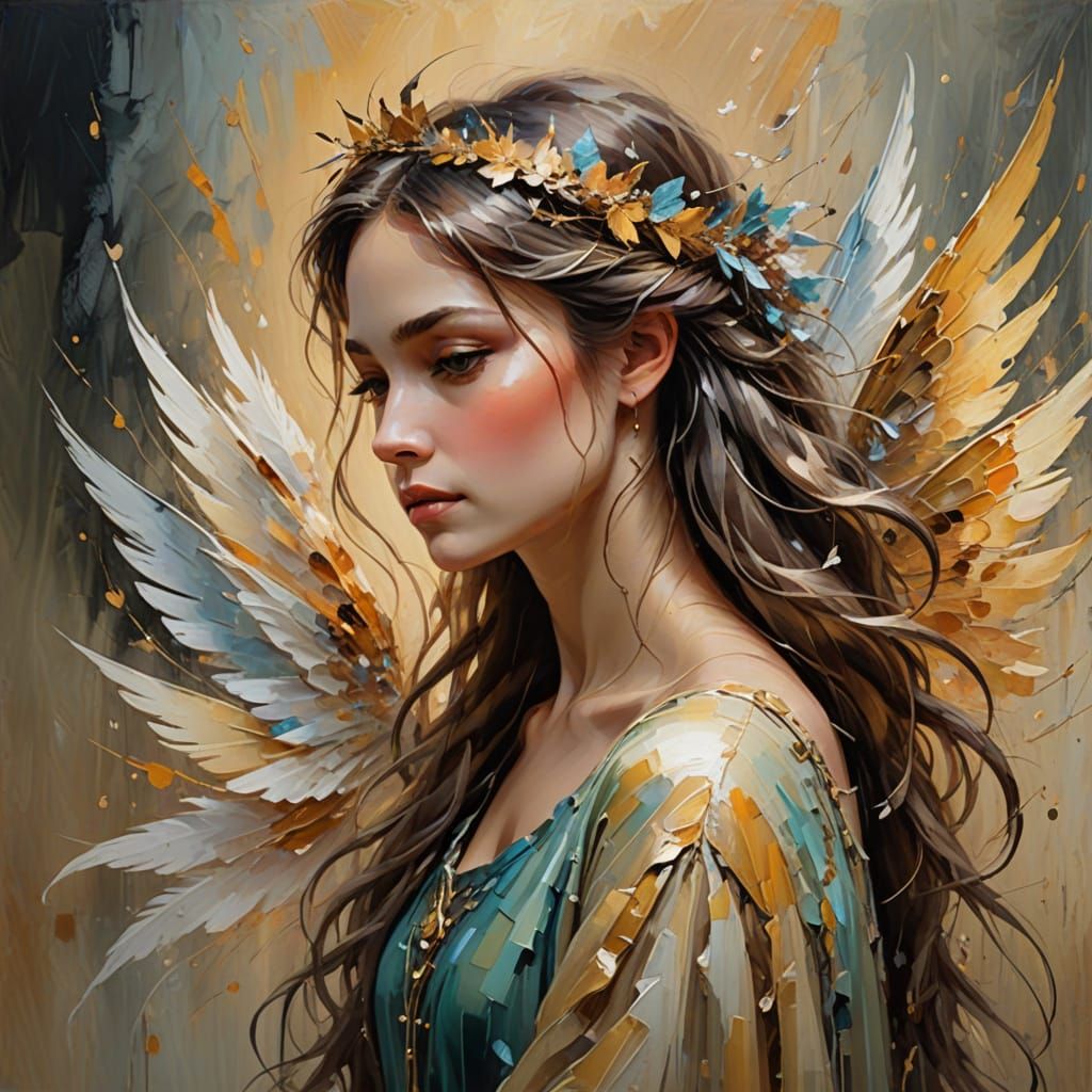 Surreal Fairy in Profilie, Hiding Inner Turmoil in an Oil Pa...