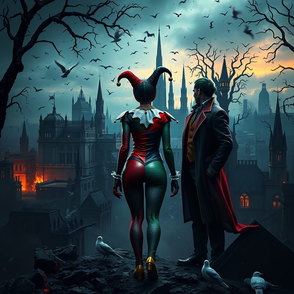 Harley Quinn and the Joker in a Dark, Gothic Gotham City