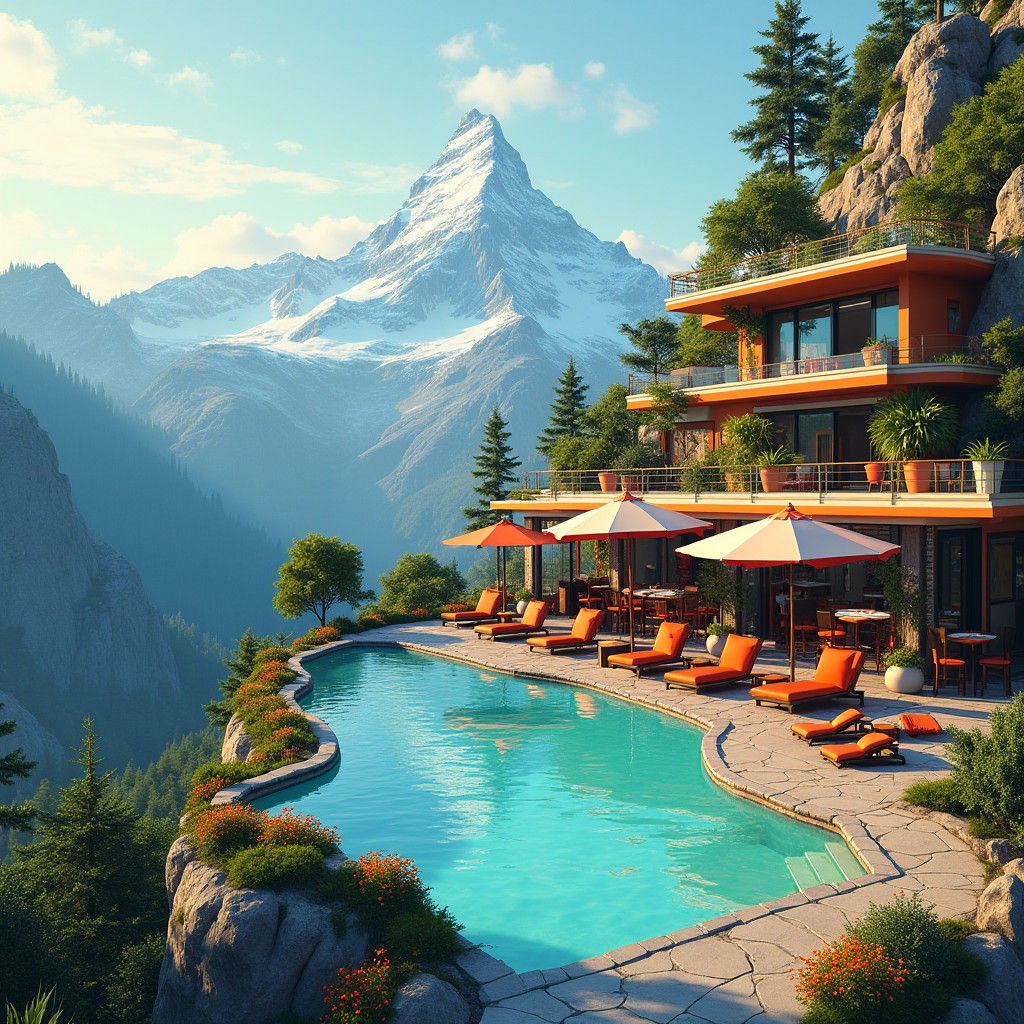 Mountain Cafe with Pool in Futuristic Style