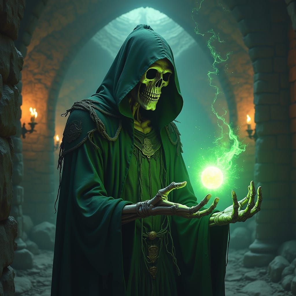 Realistic Dark Fantasy Sorcerer Casting Spell in Ancient Dun...