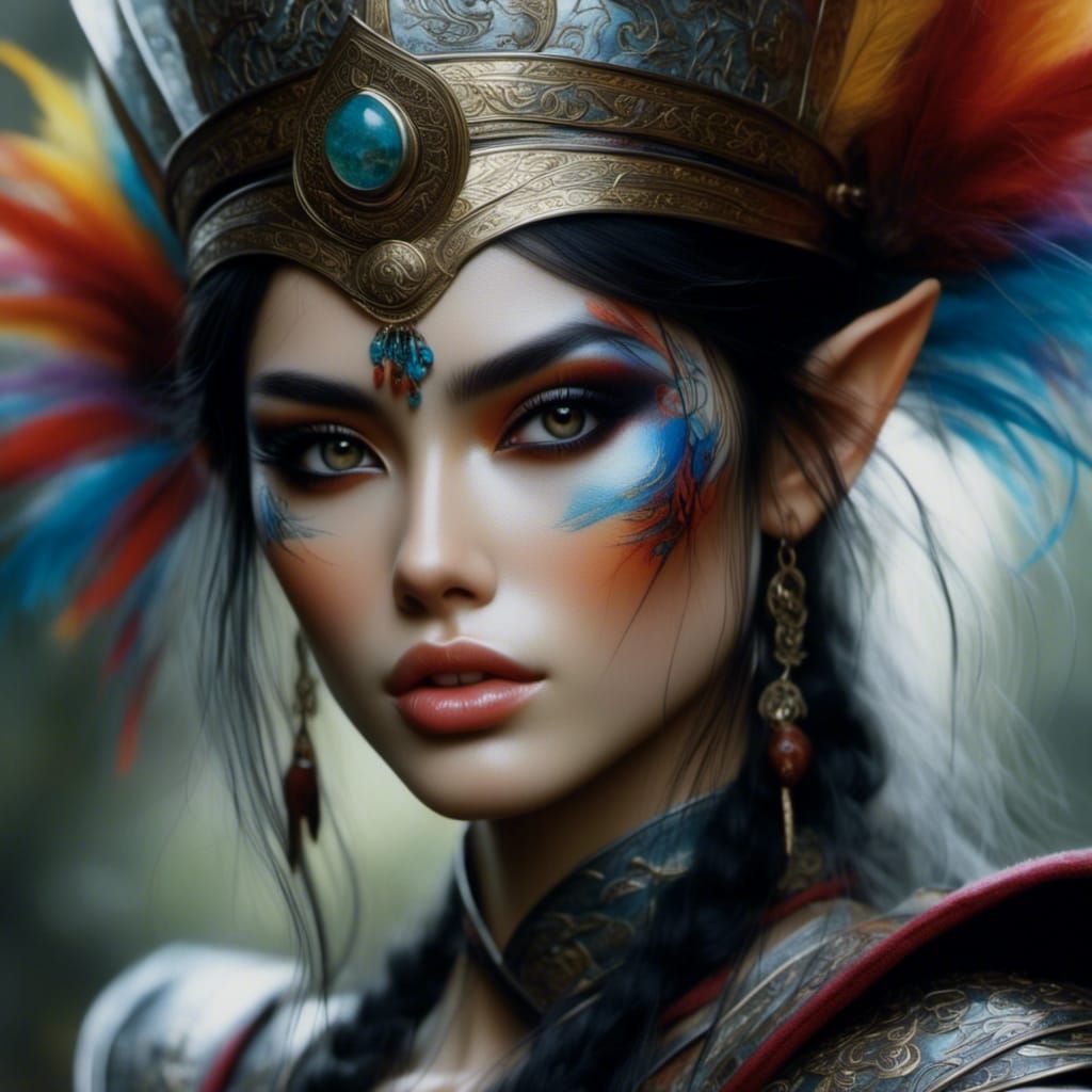 Beautiful Elf with Face Paint in Hyperreal Style
