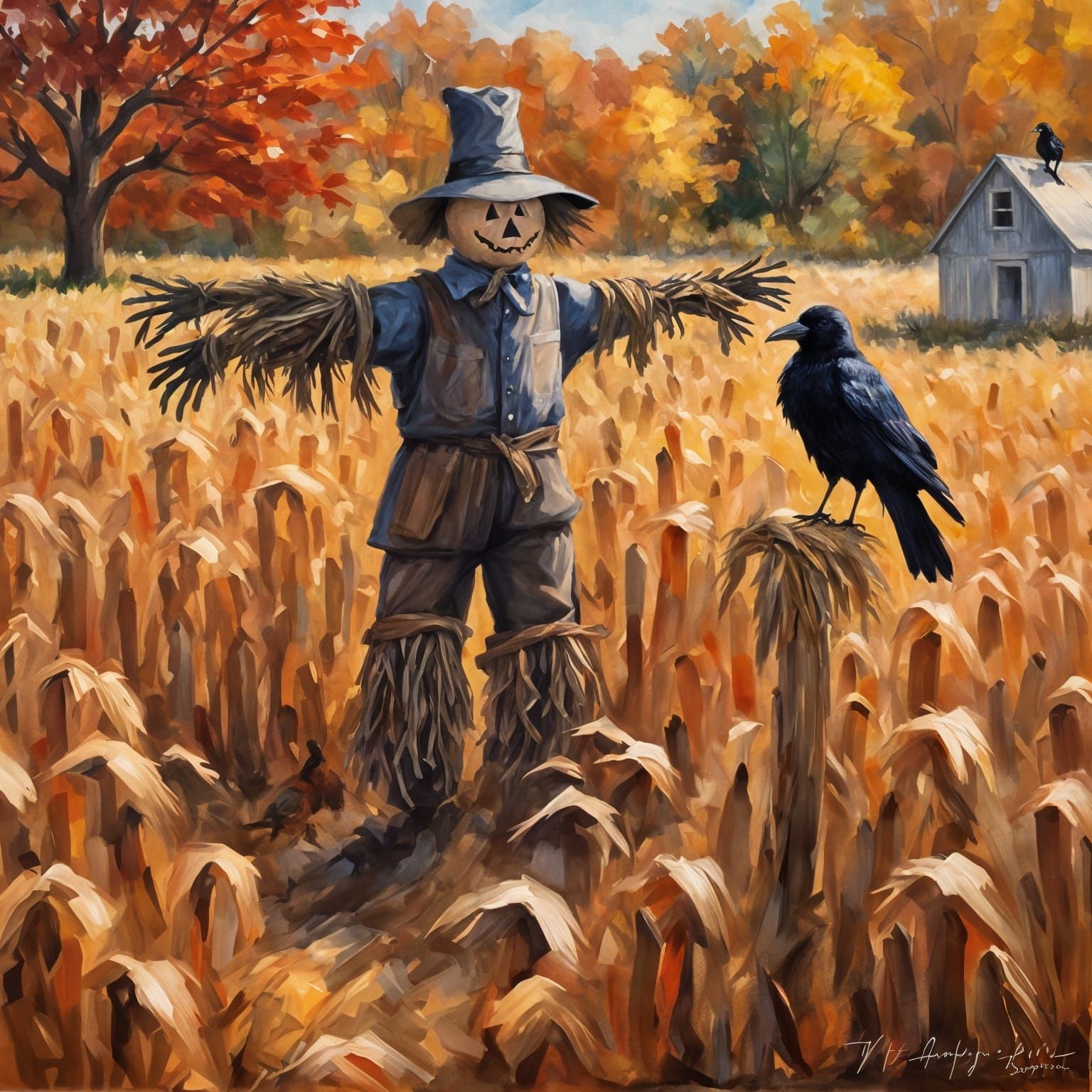 Friendly Scarecrow and Crow in Impressionistic Cornfield