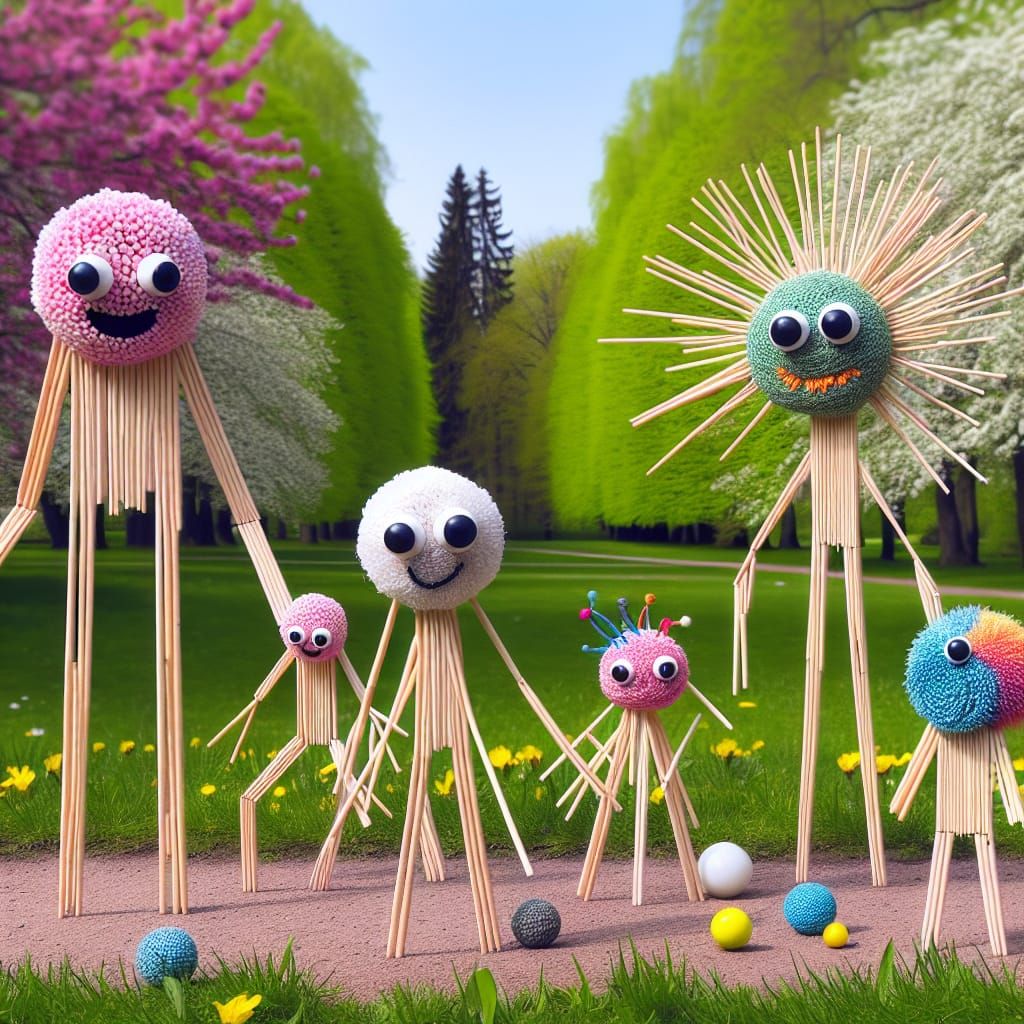 Whimsical Toothpick Creatures in Surreal Spring Park