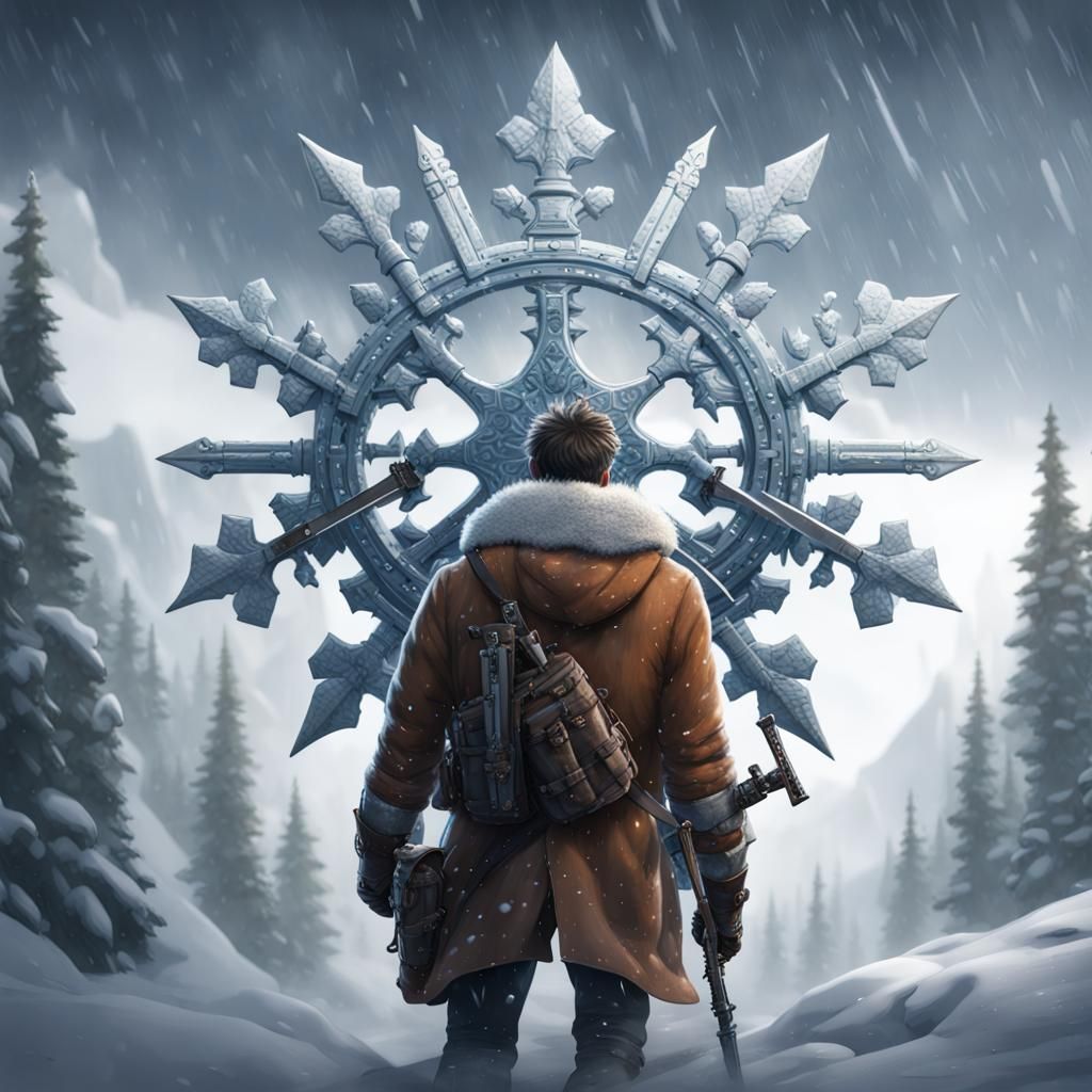 Man in Blizzard with Snowflake, Detailed Matte Painting