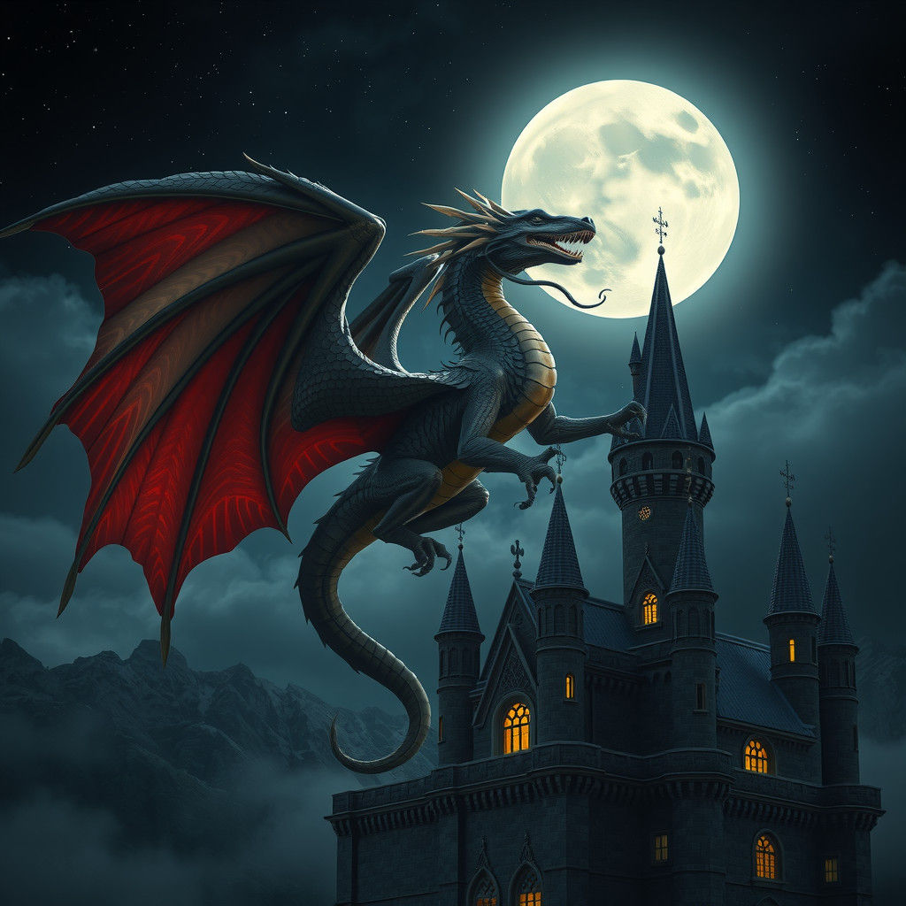 Winged Serpent Soaring Over Medieval Castle