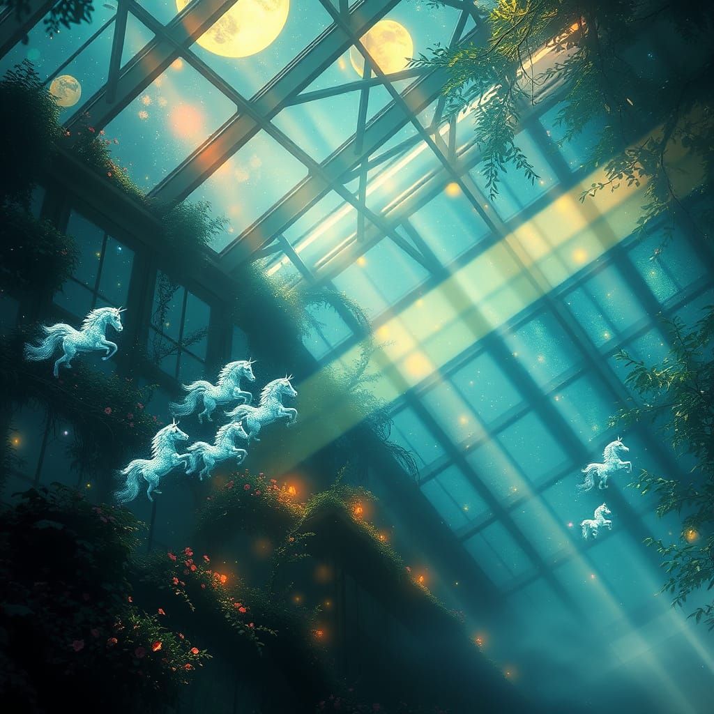 Magical Greenhouse with Ethereal Unicorns in Moonlight