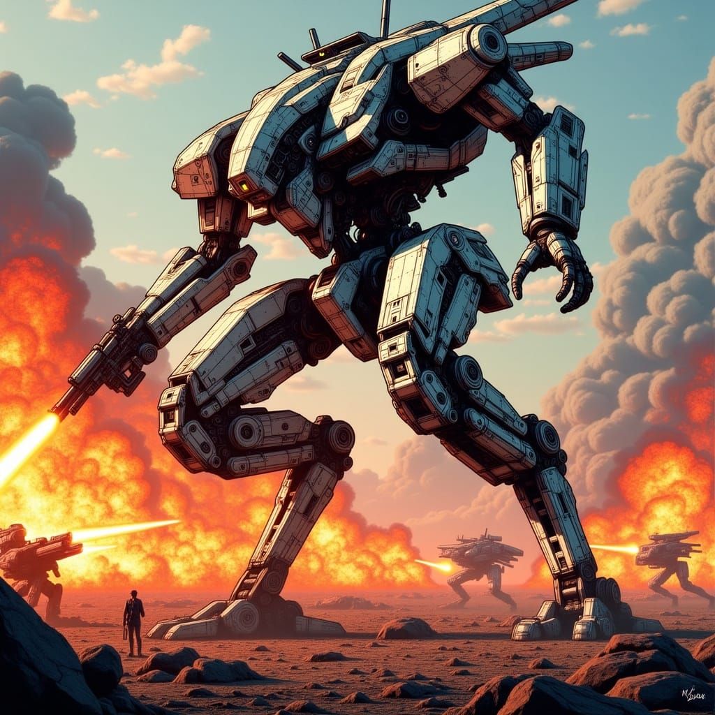 Mecha Dodging Fire on Battlefield