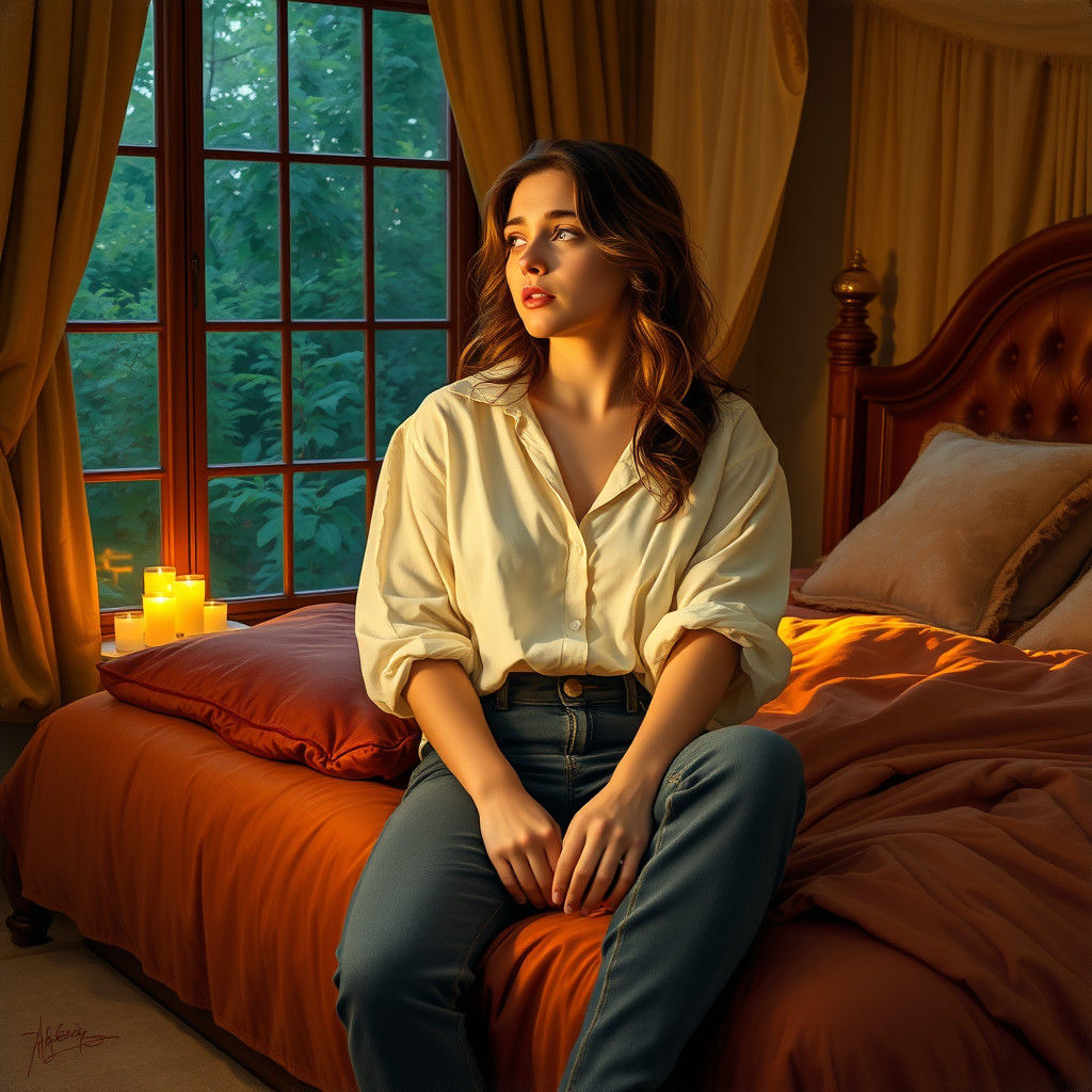 Candlelit Thought: A Pre-Raphaelite Bedroom Scene