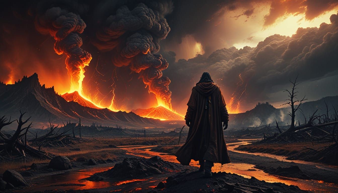 Wizard Amidst Devastated Yellowstone in Dark Fantasy