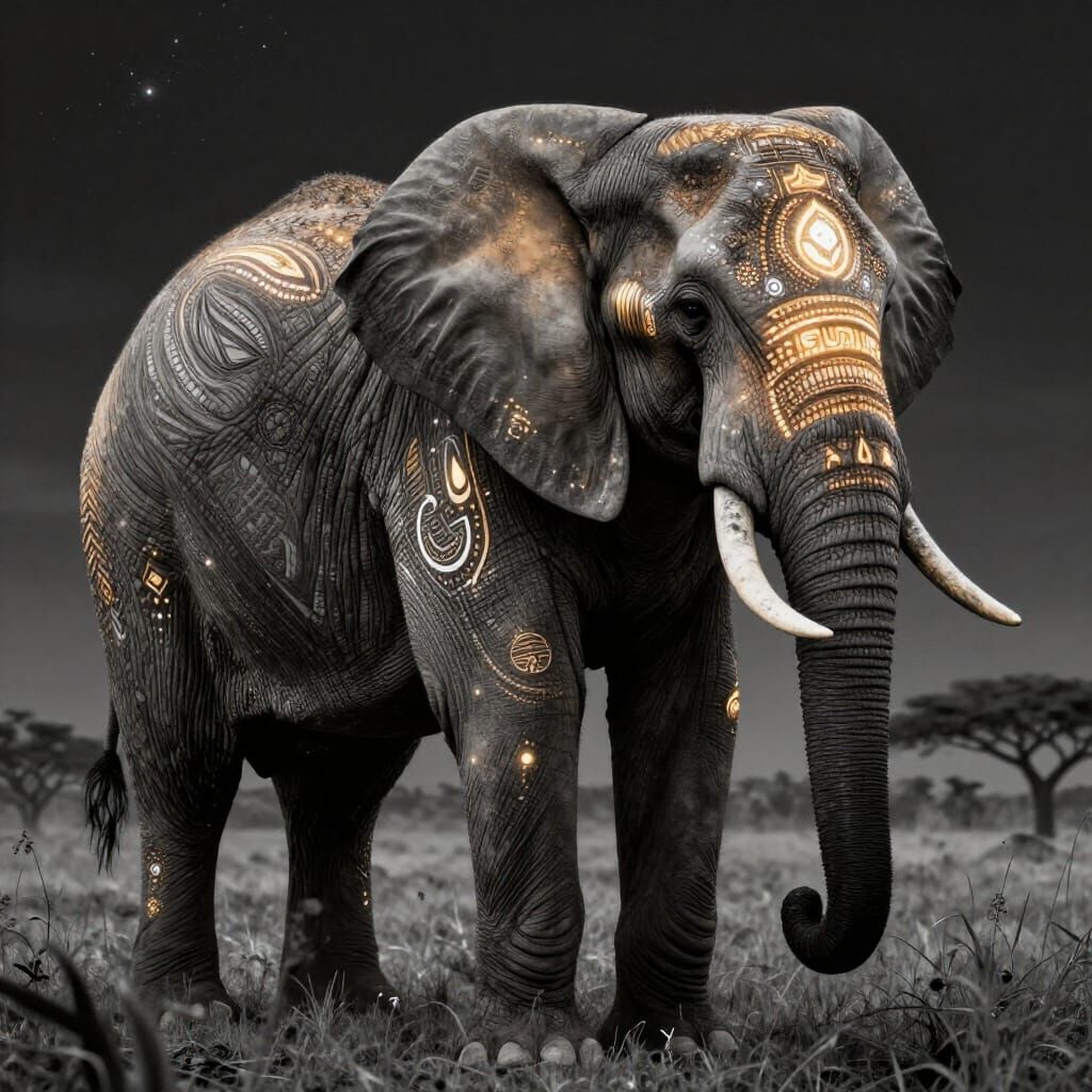Majestic Elephant With Glowing Tribal Light Patterns