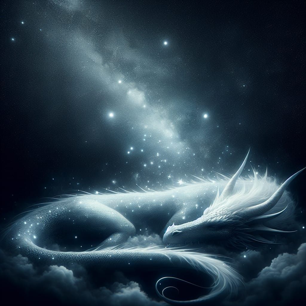 Ethereal White Dragon Asleep Under Starry Sky