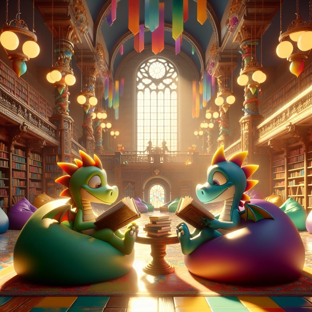 Dragons Reading in a 1930s Cartoon Library