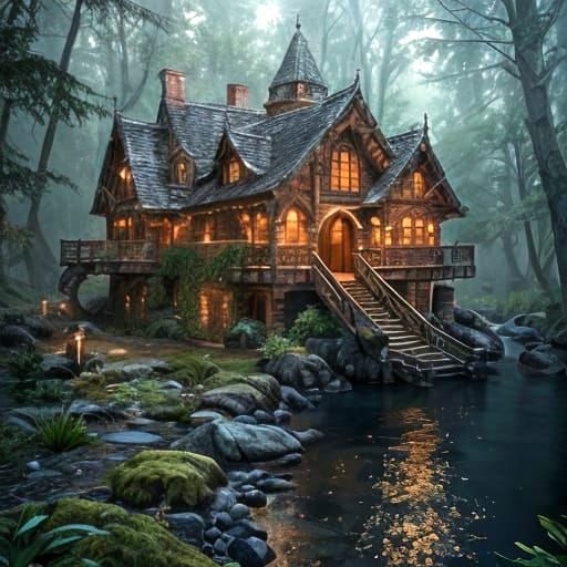 Fantasy Forest House on River in CGI Style