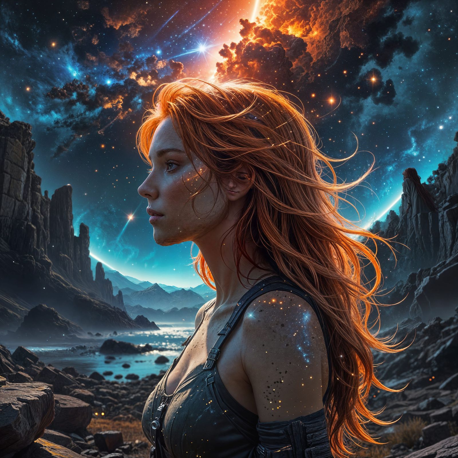 Majestic Anime Goddess in Celestial Landscape