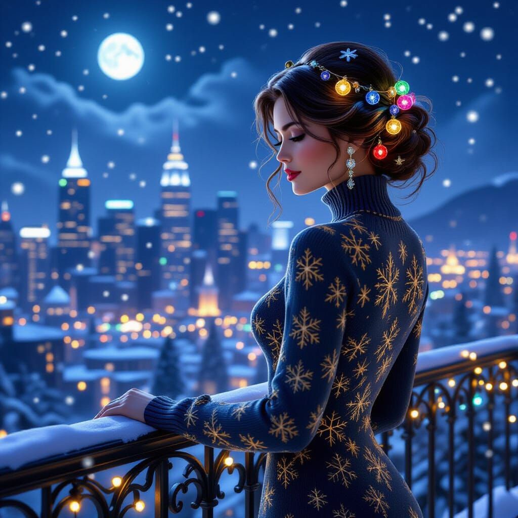 Elegant woman in a  sweater dress With embordered gold snowf...