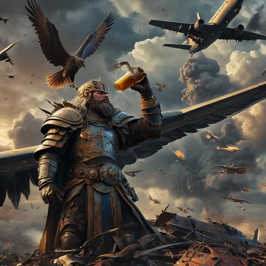 Furious King Drinks Beer Amidst War, Digital Painting