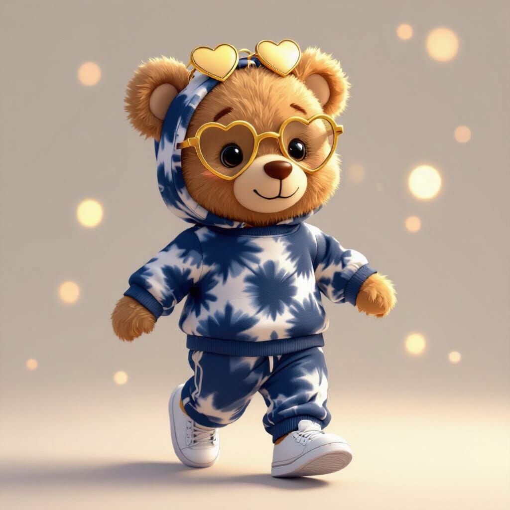 Brown Teddy Bear Jogging in Tie-Dye Outfit with Heart Glasse...