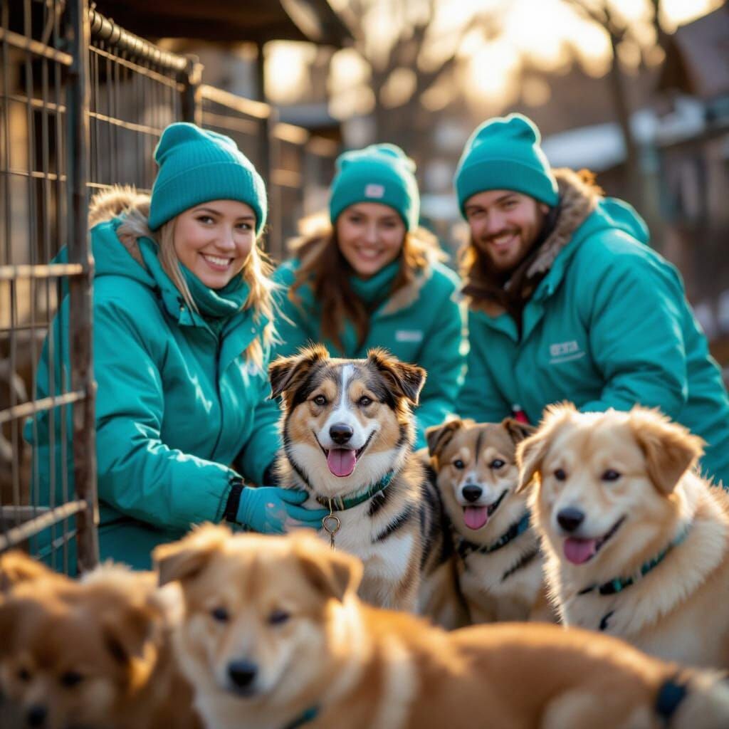 Volunteers Help Dogs at Outdoor Shelter