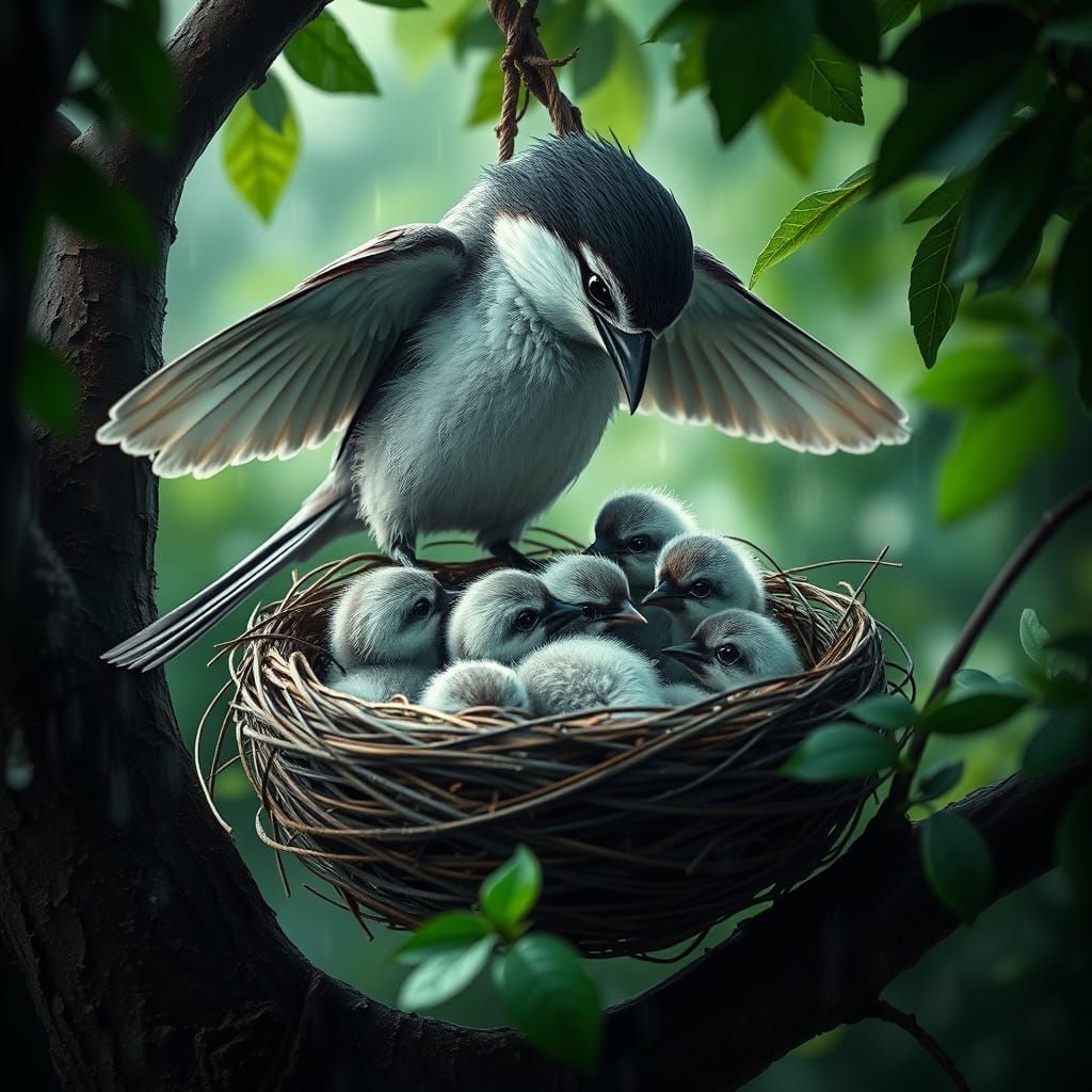 A photo of a mother sparrow sheltering her nestlings in a cozy nest woven in a tree. The mother sparrow has her wings cu...