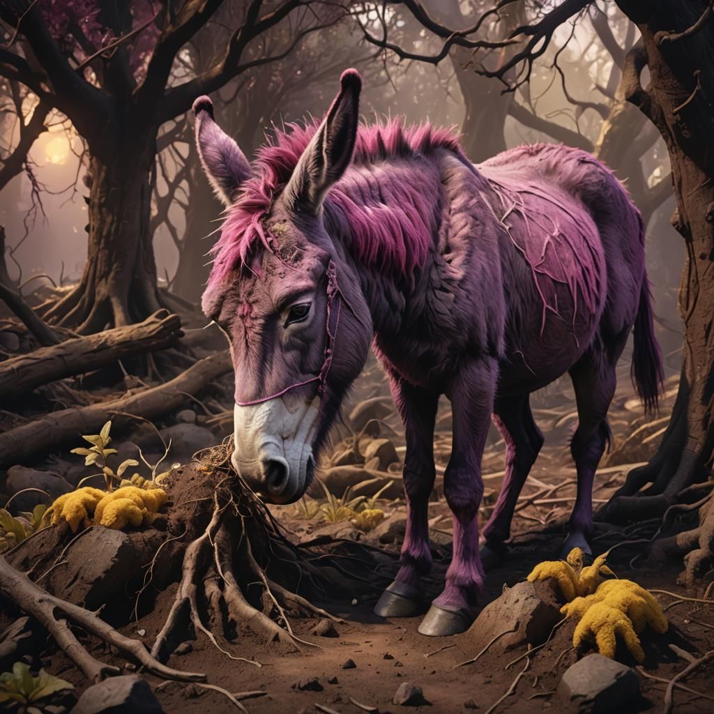 Pink Donkey Eats Earth in Dark Fantasy Art