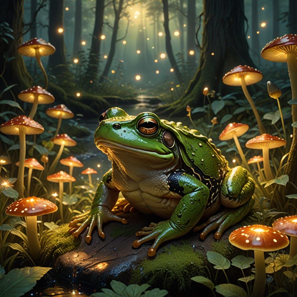 Mystical Bullfrog Amidst Whimsical Forest