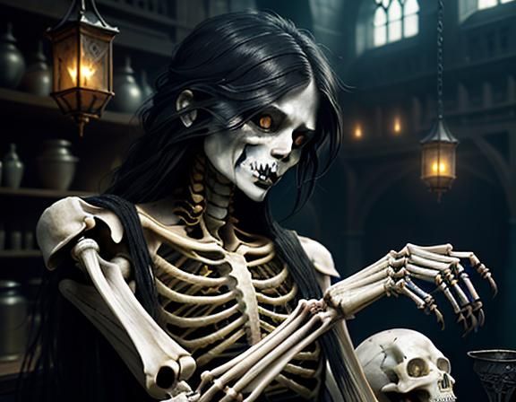 Furry Skeleton Cleaning Bones in Dark Fantasy Workshop