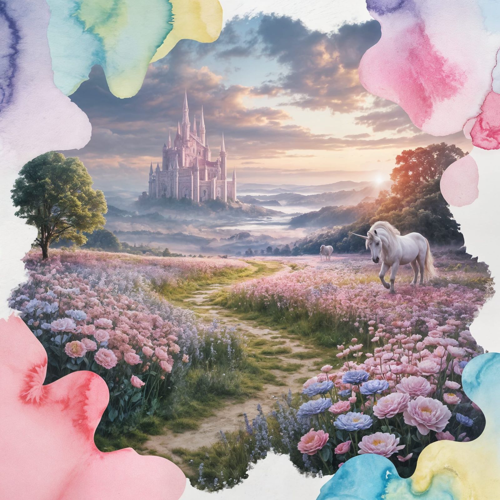 Dreamcore Unicorn Grazing in Pastel Flower Field