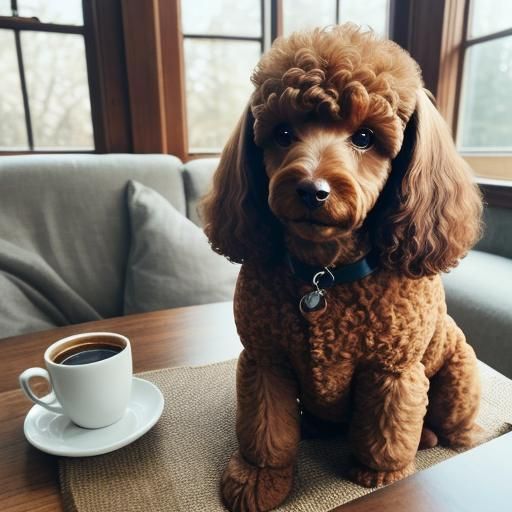 Brown Poodle with Coffee Cup in Cozy Room