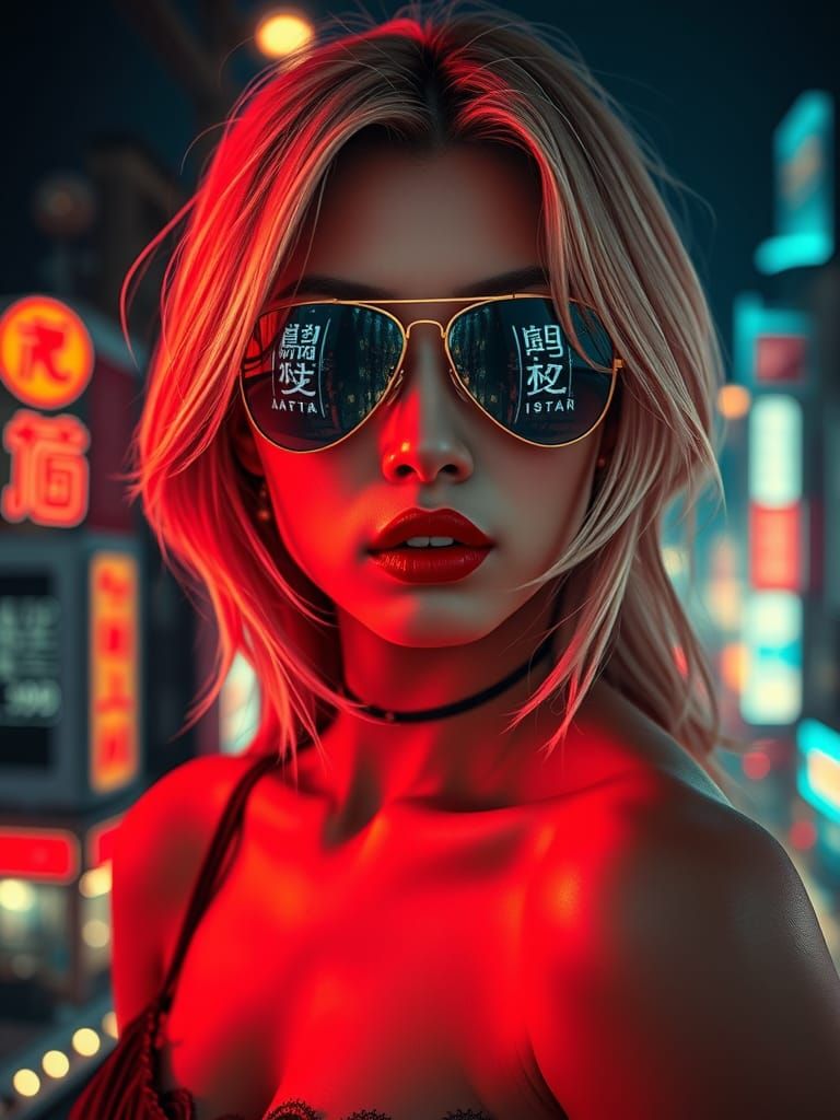 Glamorous Anime-Inspired Portrait with Neon Cityscape