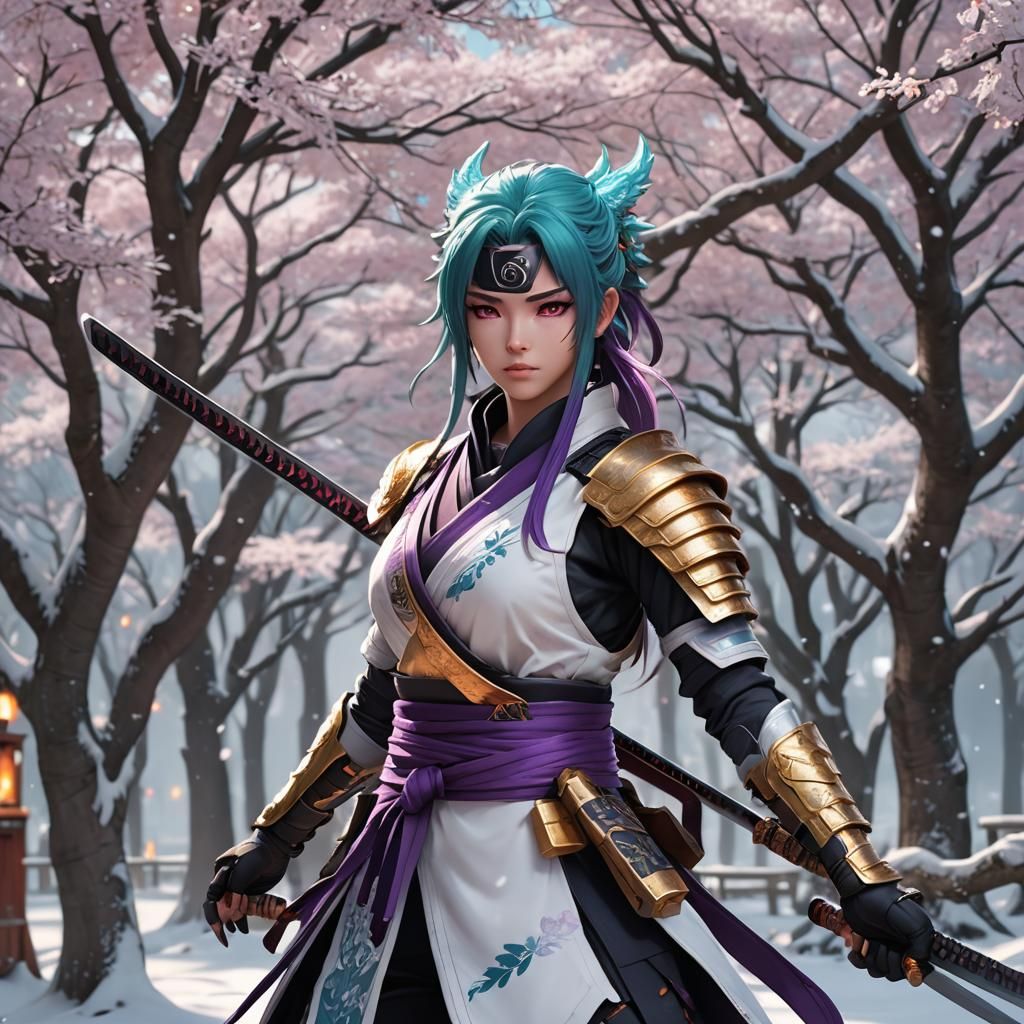 Ninja Girl with Dragon and Katana in Anime Style