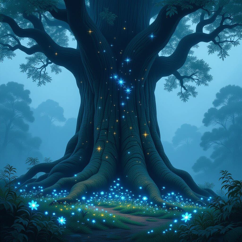 Ancient Cosmic Tree in Misty Forest Clearing
