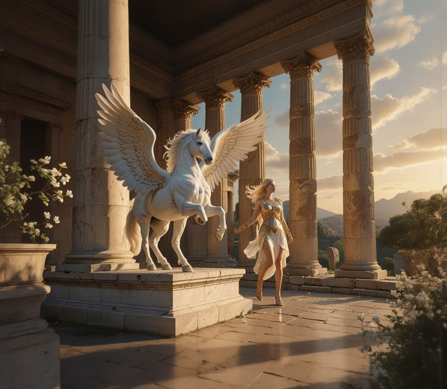 Goddess Bestows Pegasus Amidst Apple Blossoms in Ancient Tem...