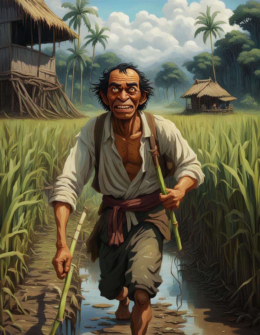 Anime Oil Painting: Apu in Ricefield