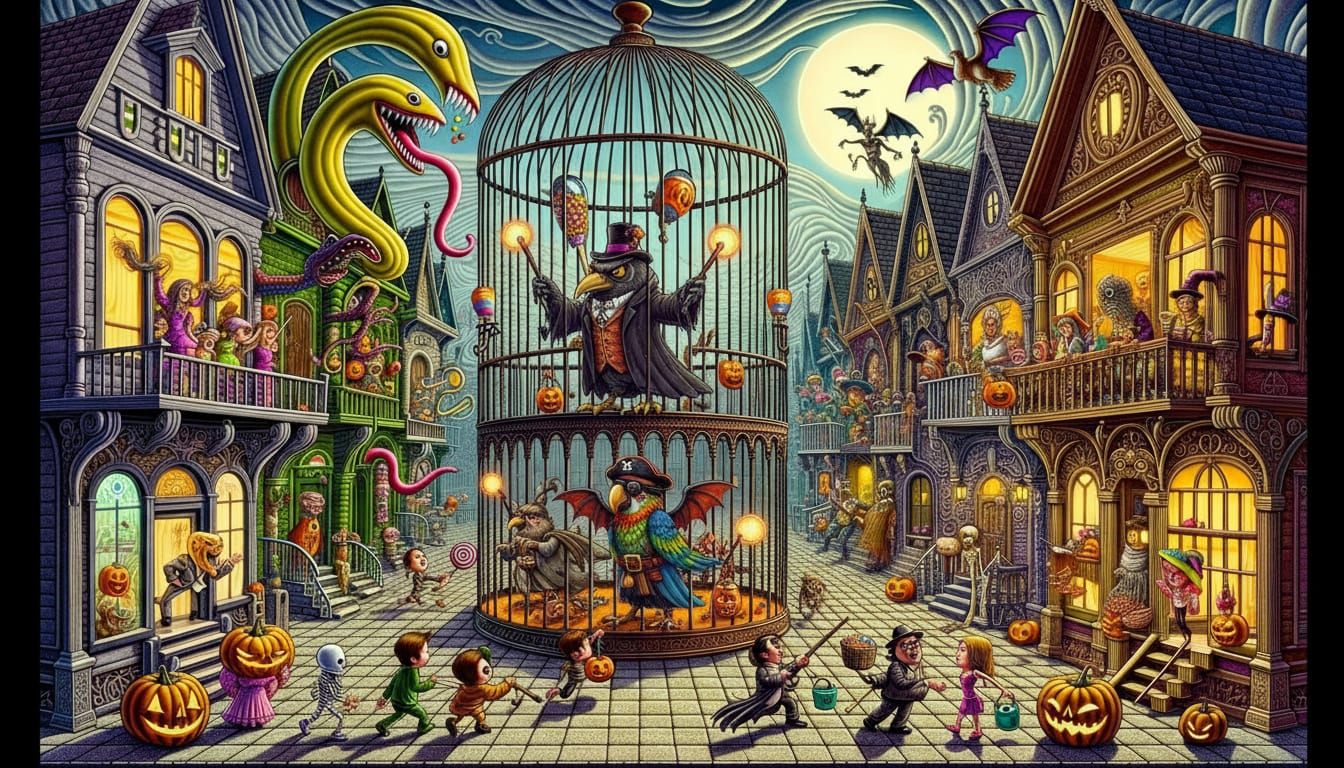 Halloween Street Scene Inside Ornate Bird Cage
