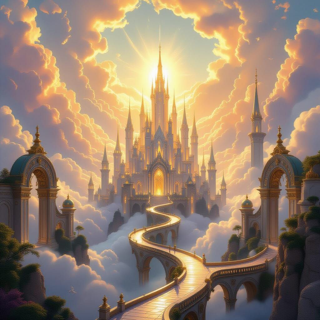 Celestial Golden City with Ethereal Light and Luminous Sky