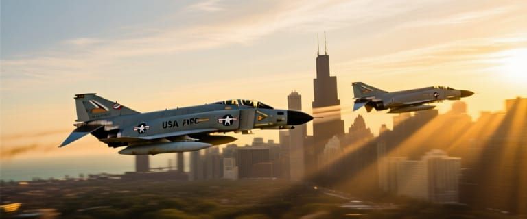 F-4E Phantom Jets Over Chicago Skyline at Sunset