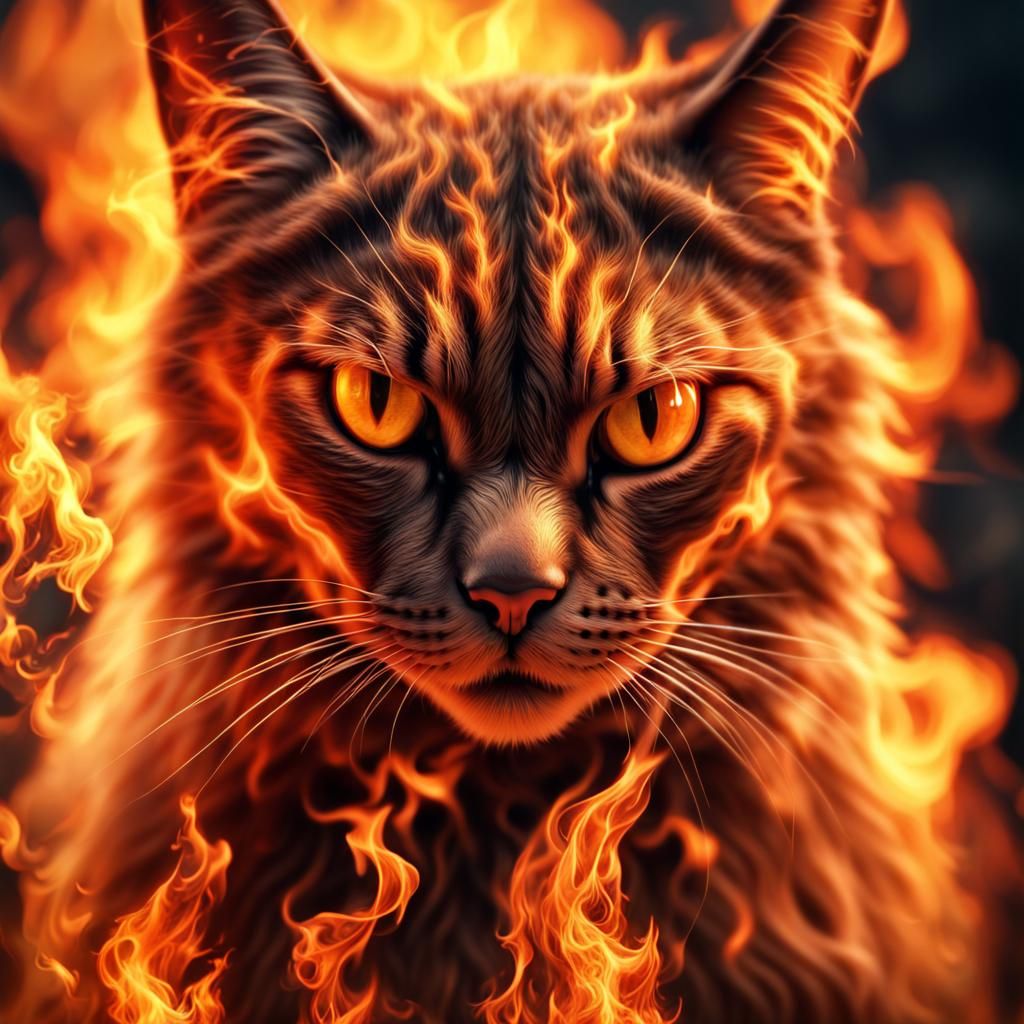 Hyperrealistic Fire Elemental Cat in Cinematic Lighting