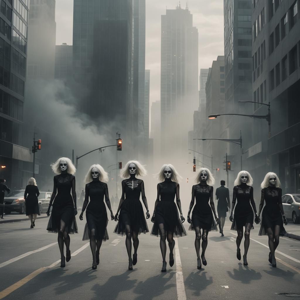 Skeleton Models Stroll Down City Street: Dark Surrealism