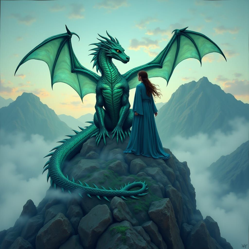 Dragon and Woman on Mountain Peak at Dawn