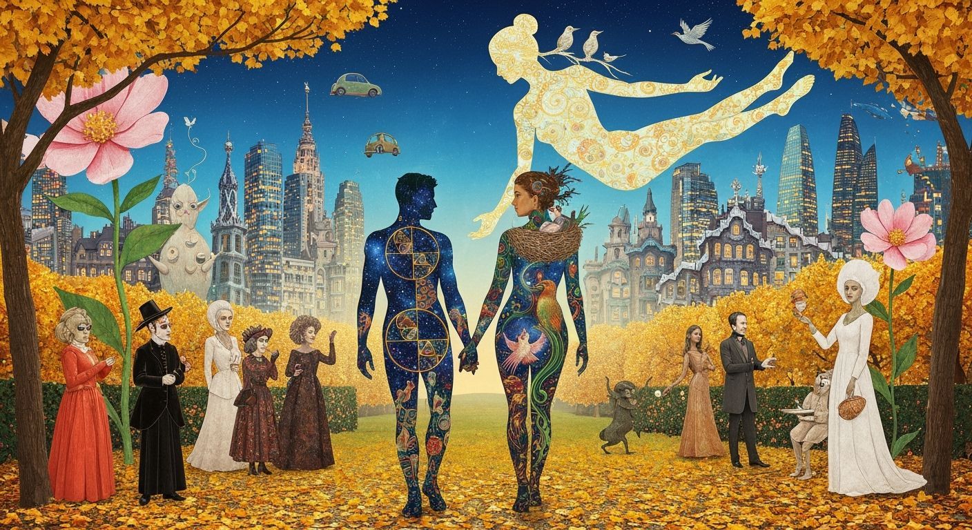 Couple in Mystical Park, Dreamlike Fantasy Art