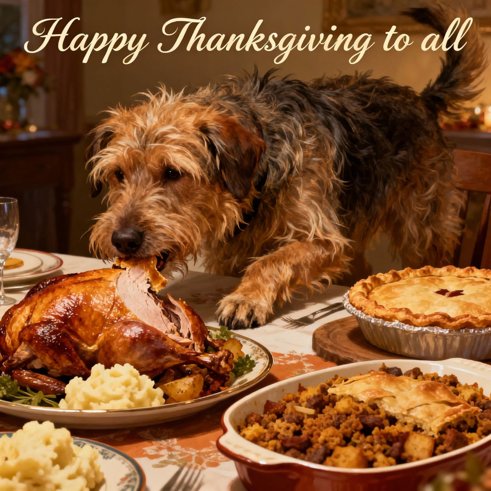 Shaggy Dog Steals Turkey from Thanksgiving Table