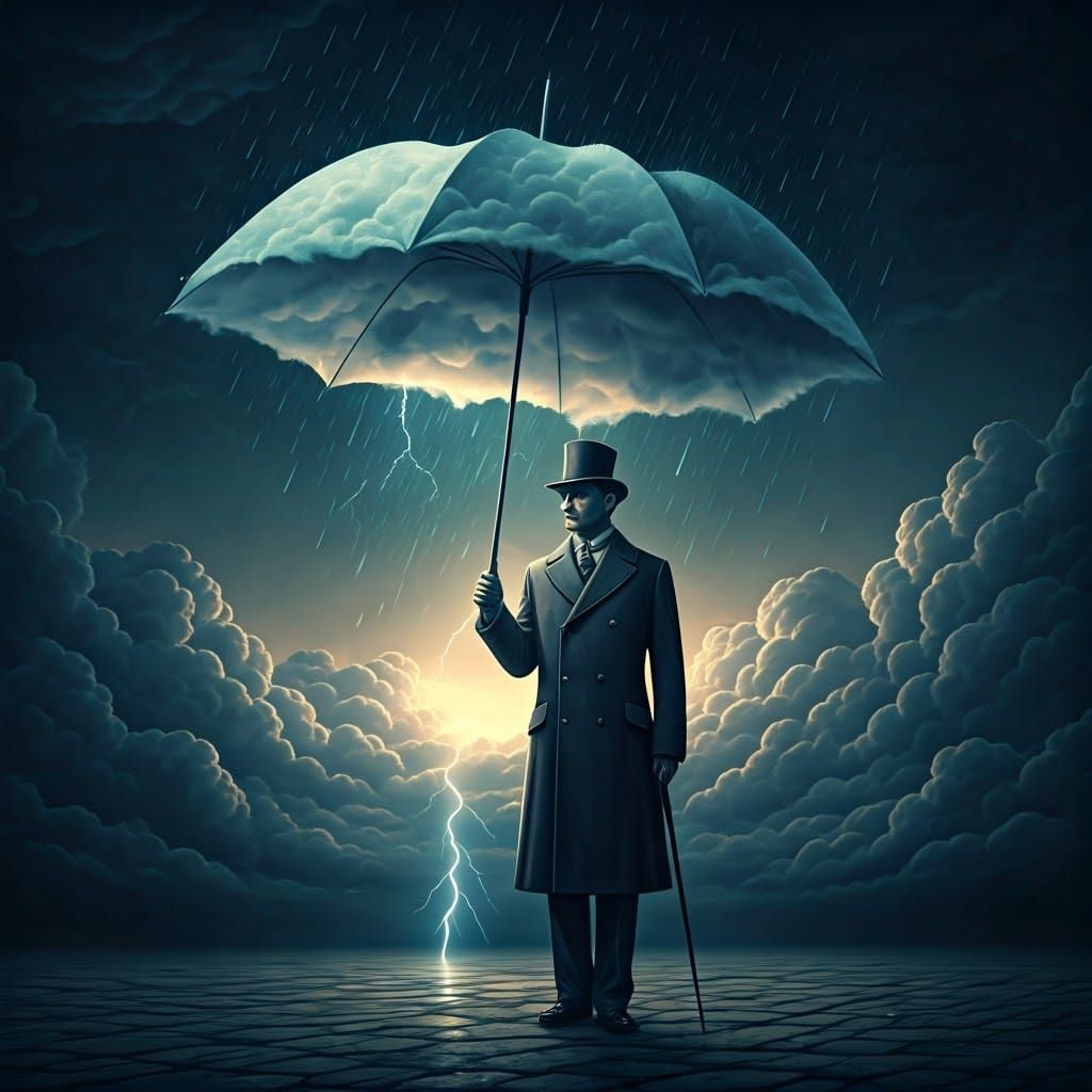 Dignified Gentleman Holds Swirling Rain Cloud Umbrella in Th...