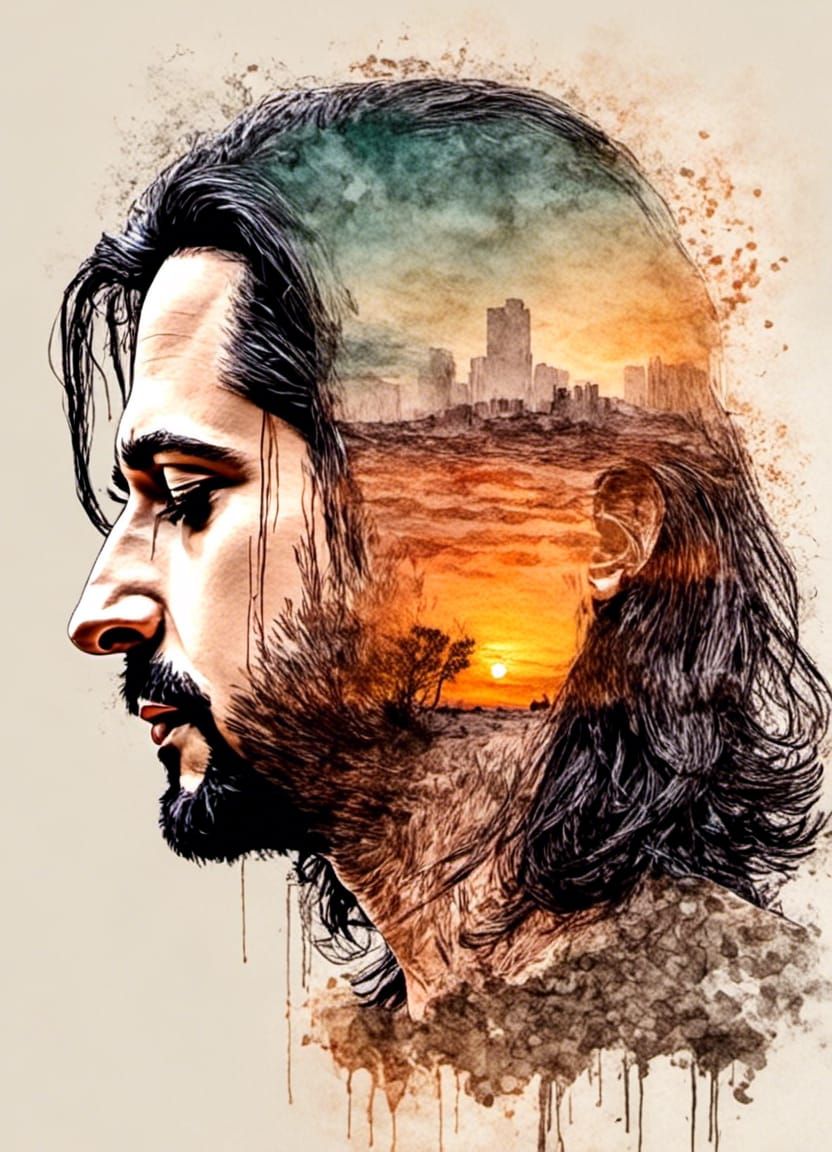 Desert Head Sunset in Double Exposure Style